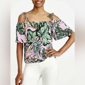 J. Crew Sz 8 Off The Shoulder Top Blouse Purple Tropical Floral Medium Relaxed
